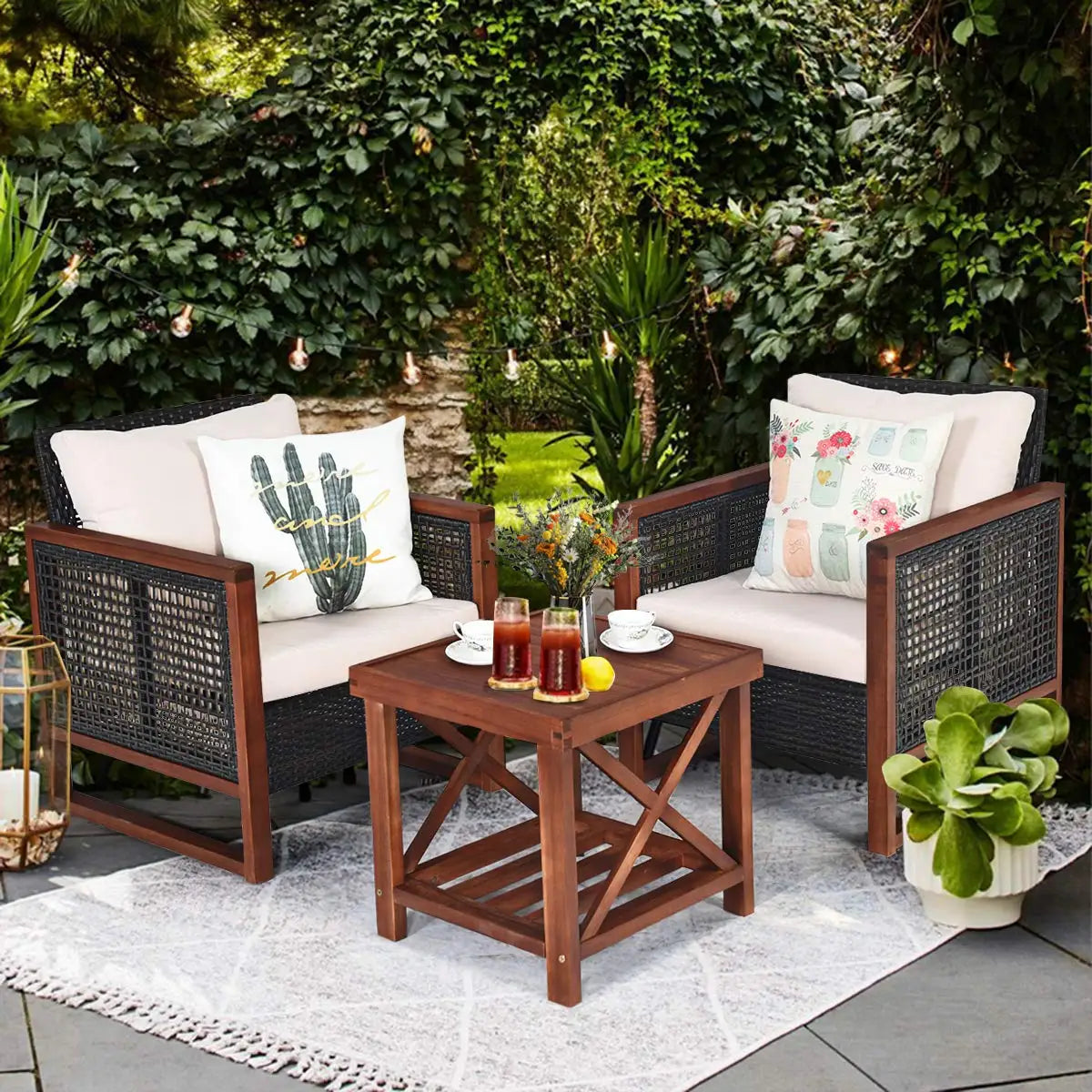 3 Pieces Patio Wicker Furniture Set, Rattan Outdoor Sofa Set w/Washable Cushion & Acacia Wood Coffee Table.