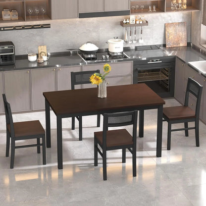 Black Dining Table Set for 4-43.3" Table and Chairs Solid Wood Legs and Woven Rattan Backs.