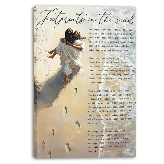Framed Jesus Holding Woman Wall Art, Footprints in The Sand Canvas Painting Print Christian Inspirational Quotes.