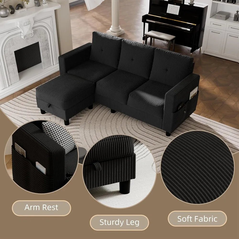 L-Shaped Sectional Sofa with Ottoman, Convertible 3-Seat Couch for Small Spaces.