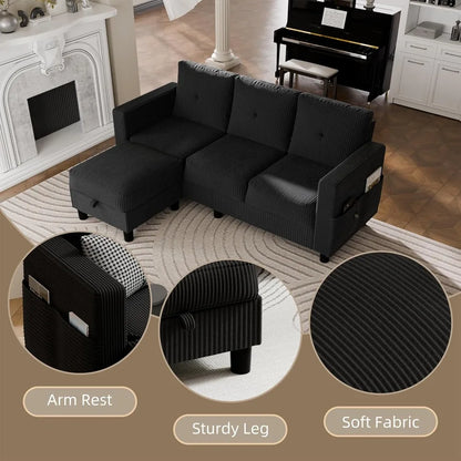 L-Shaped Sectional Sofa with Ottoman, Convertible 3-Seat Couch for Small Spaces.
