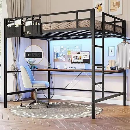 Full Metal Loft Bed with Desk, LED Lights, and Charging Station - Safe and Durable Full Size Bed Frame