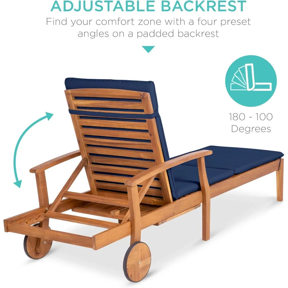 Acacia Wood Chaise Lounge Chair Recliner, Outdoor Furniture for Patio, Poolside w/Slide-Out Side Table.