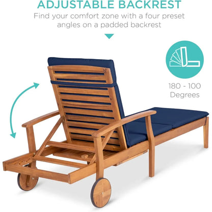 Acacia Wood Chaise Lounge Chair Recliner, Outdoor Furniture for Patio, Poolside w/Slide-Out Side Table.
