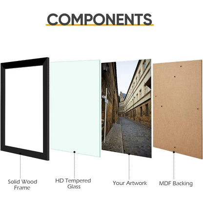 16x24 Solid Wood Black Frame with Tempered Glass for Wall Display.