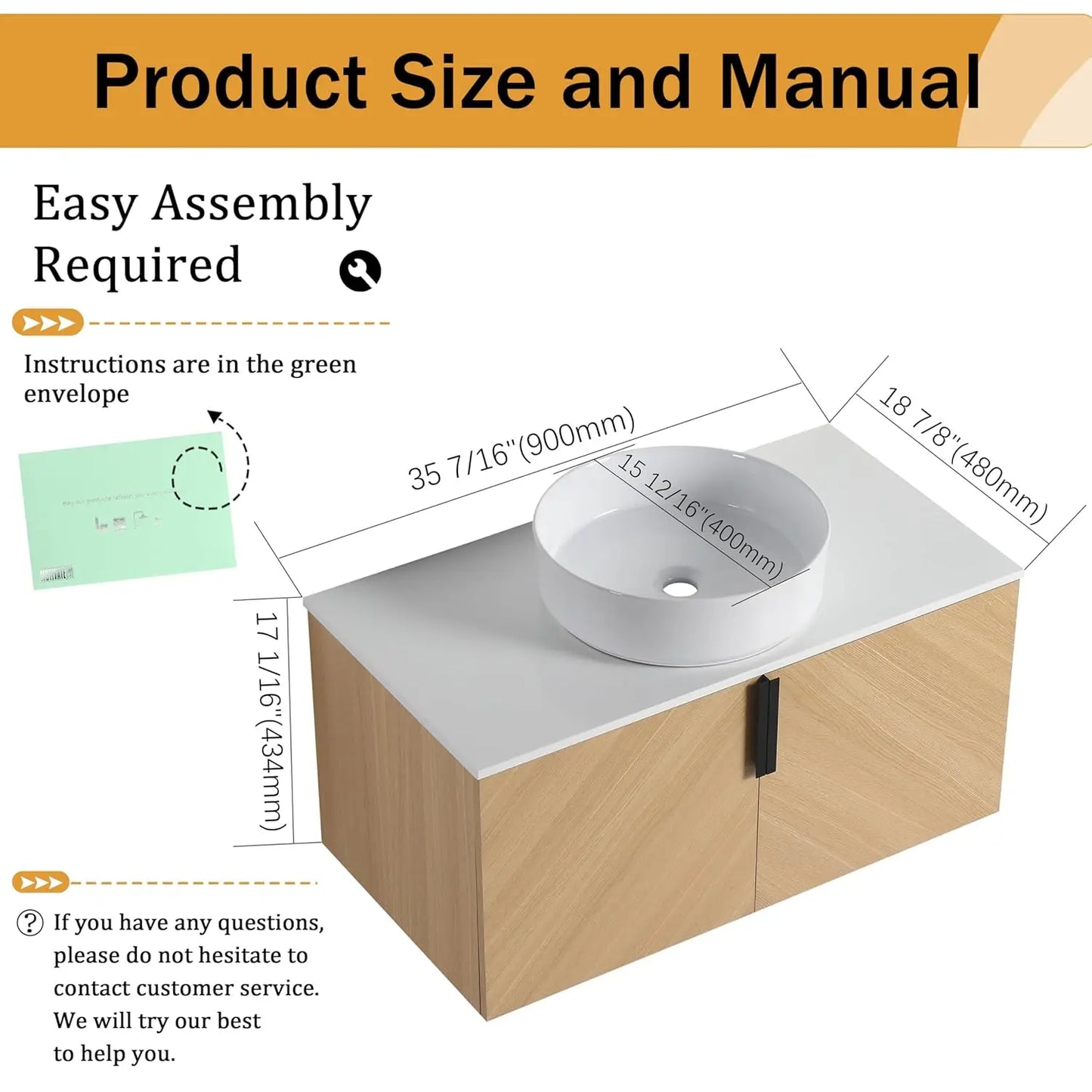 36 Inch Floating Bathroom Vanity with Sink Top Combo, Wood Single Sink.