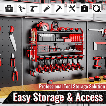 Metal Power Tool Organizer Wall Mount with Screwdriver Holder, Storage Shelves for Drills & Pliers.