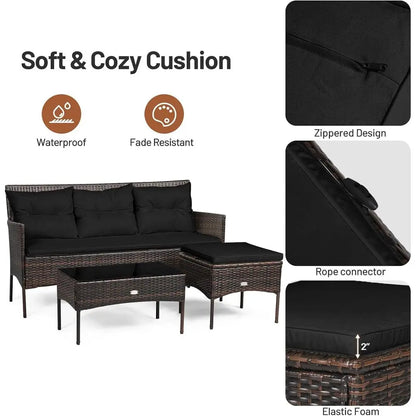 3-Piece Rattan Wicker Patio Sofa Set with 5 Cushions, Tempered Glass Top for Outdoor Living