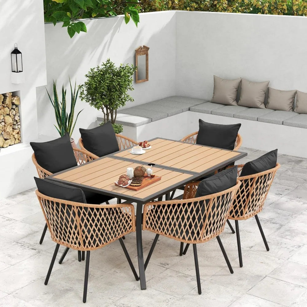 5/7/9-Piece All-Weather Rattan Patio Dining Set with 60" Wood Tabletop & Umbrella Hole.