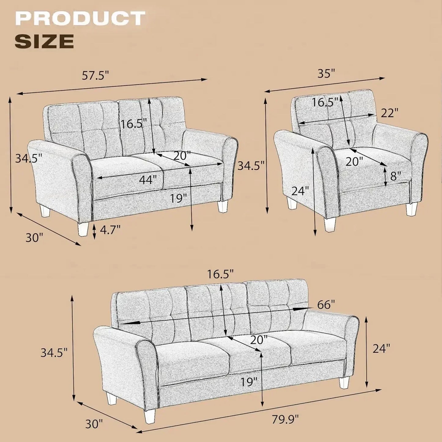 [Best Seller!]3-Piece Living Room Sectional Sofa Set, Modern Style Button Tufted Linen Loveseat & Sofa.