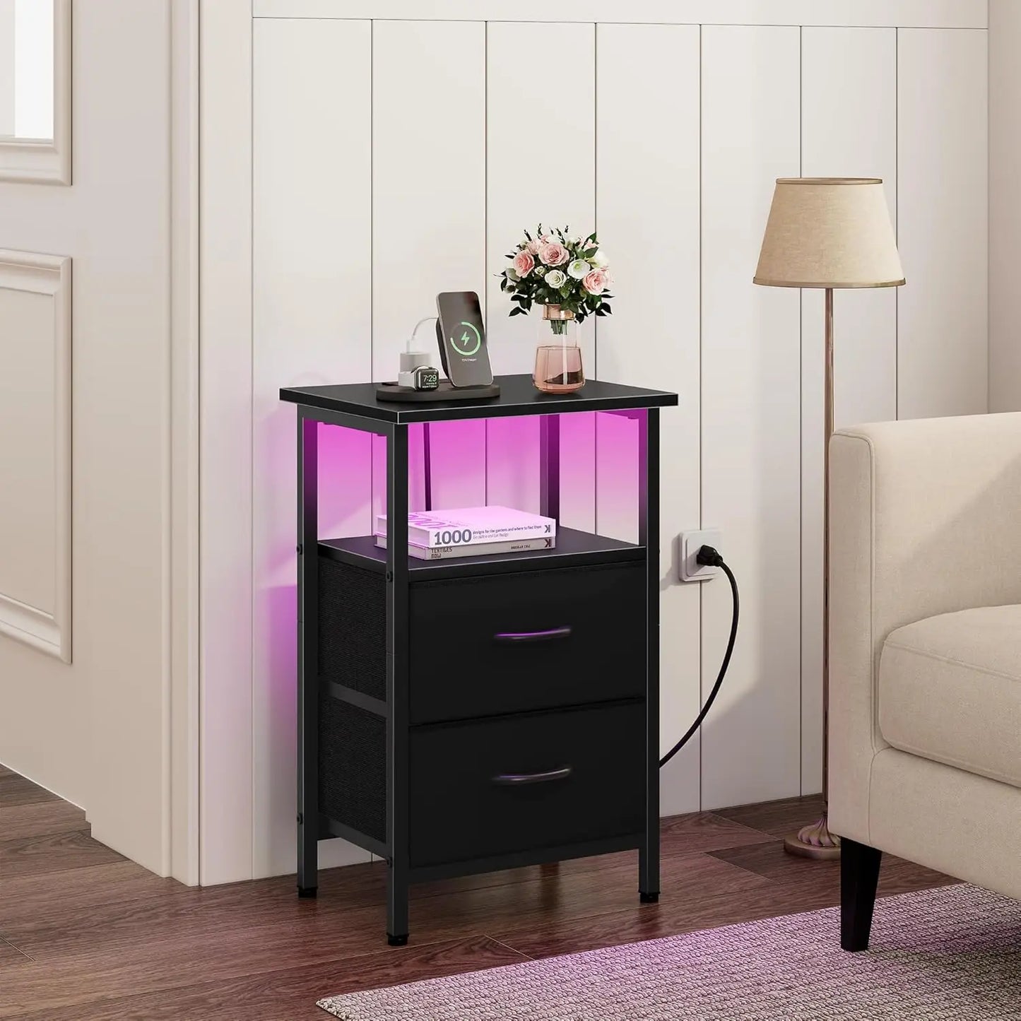 2-Piece Nightstand Set with LED Lights & Charging Station, 2 Fabric Drawers & Storage Shelves.