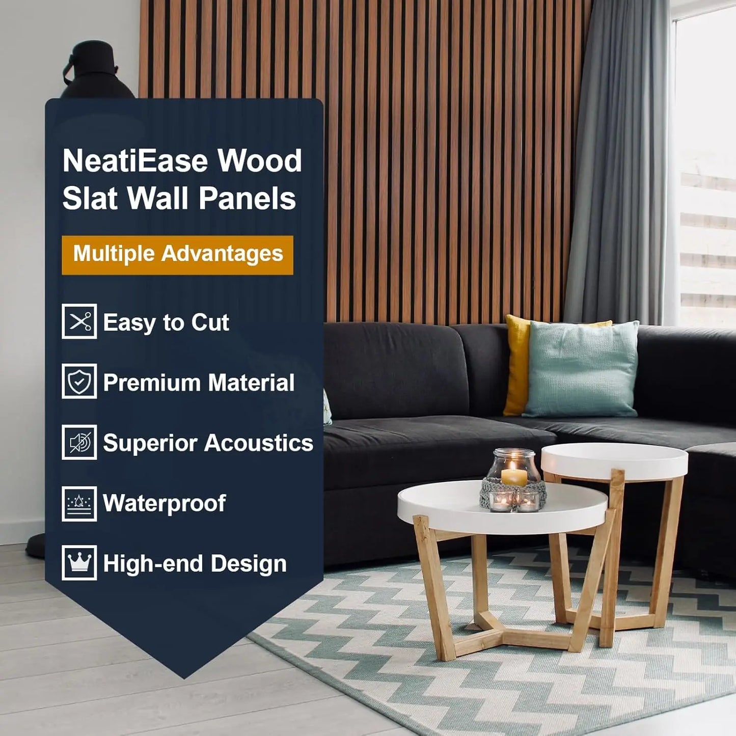 4-Piece 96" x 12.6" Soundproof Wood Slat Wall Panels, Acoustic Noise Cancelling Interior Decor Teak