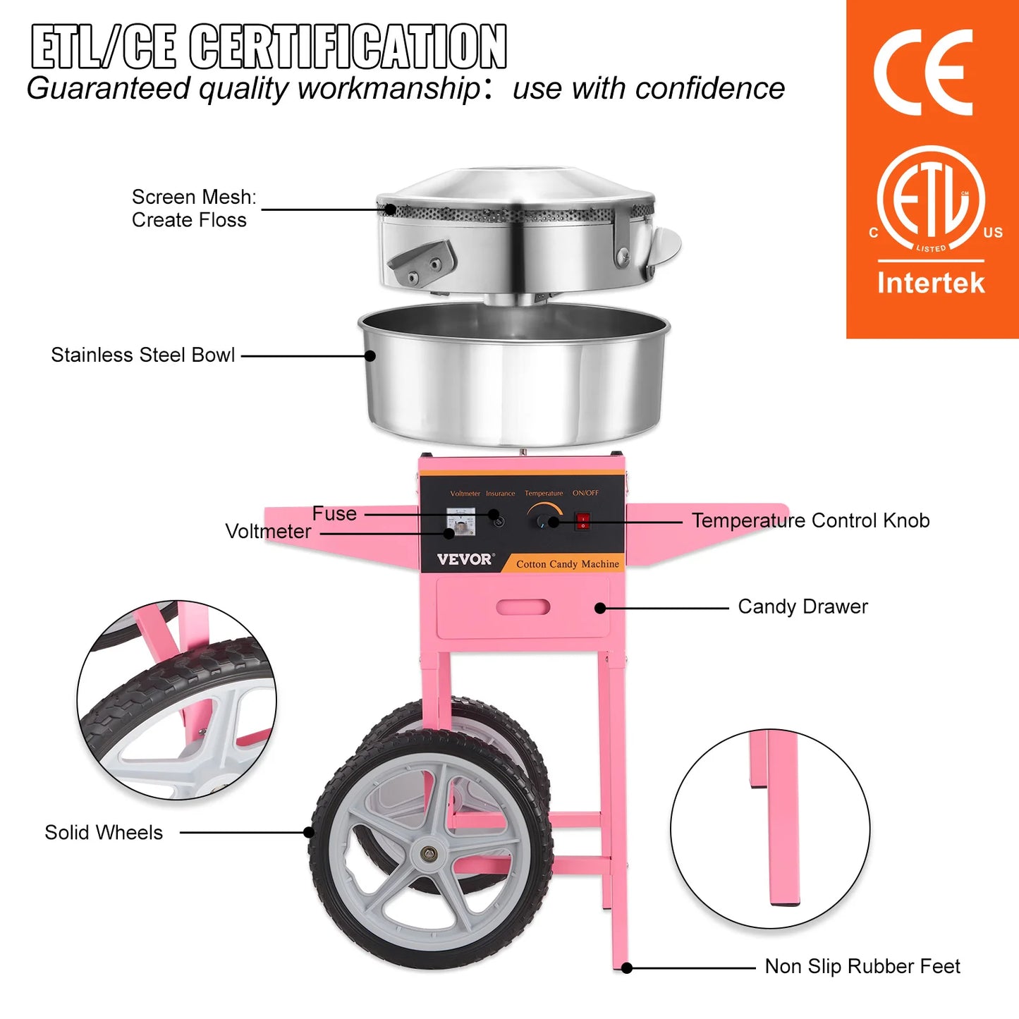 Electric Cotton Candy Machine with Cart 1000W Commercial, Stainless Steel Bowl, Sugar Scoop & Drawer