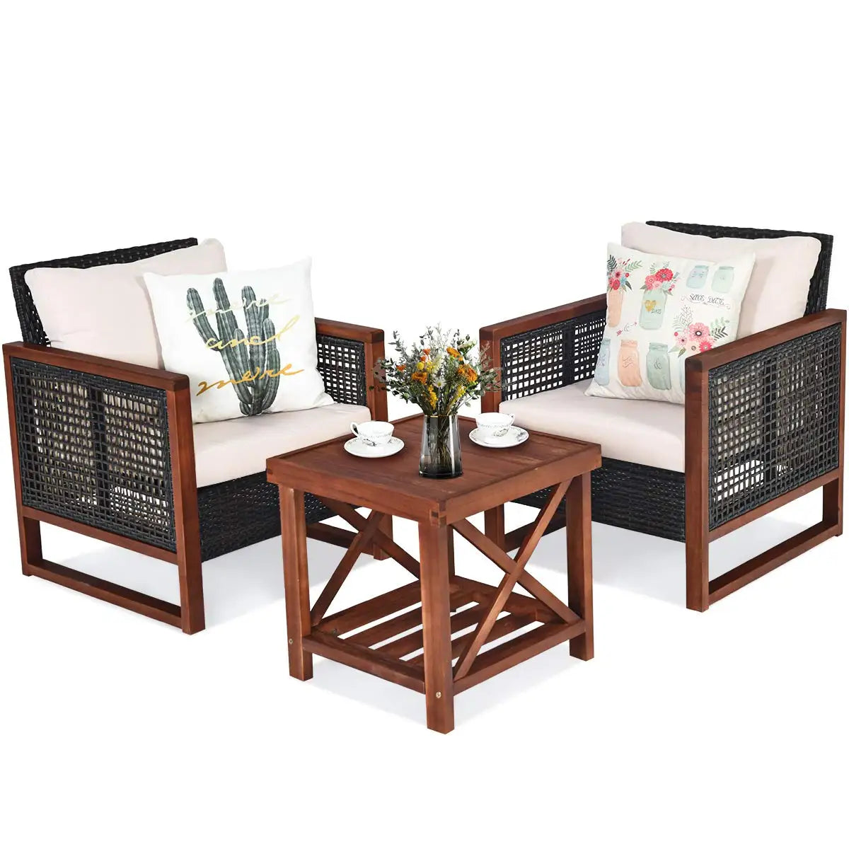3 Pieces Patio Wicker Furniture Set, Rattan Outdoor Sofa Set w/Washable Cushion & Acacia Wood Coffee Table.