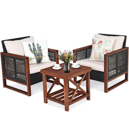 3 Pieces Patio Wicker Furniture Set, Rattan Outdoor Sofa Set w/Washable Cushion & Acacia Wood Coffee Table.