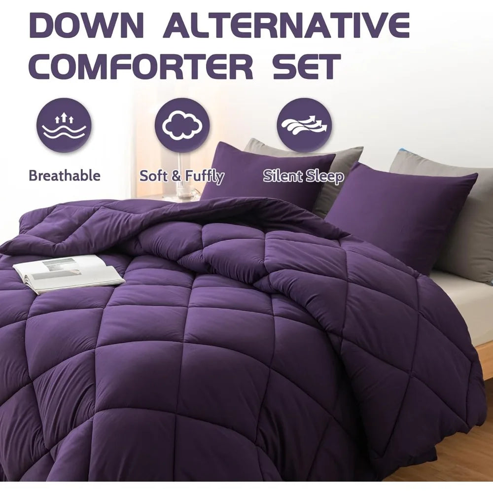 Lightweight California King Comforter Set with 2 Pillow Shams - 3 Pieces, Quilted Down in Purple
