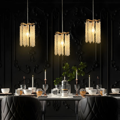 Luxury 3-Pack Crystal Pendant Lights, Elegant Golden Finish Chandelier with Waterfall Bead Design.