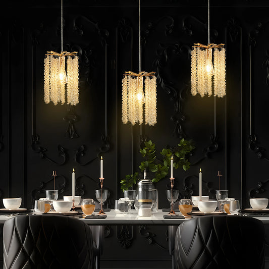 Luxury 3-Pack Crystal Pendant Lights, Elegant Golden Finish Chandelier with Waterfall Bead Design.