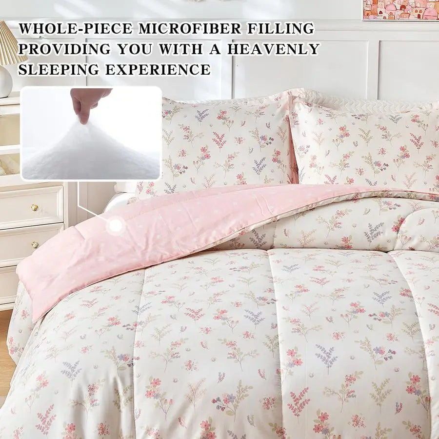 3pcs Cotton Comforter Set for Girls, Pink Floral Design, Twin Size Soft n Cozy Bedding Comforter Set.