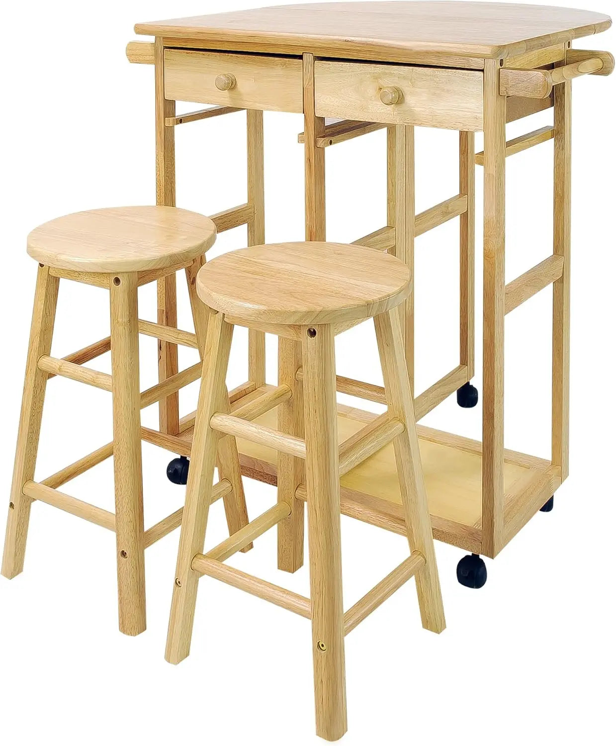 Drop Leaf Breakfast Cart with 2 Stools, Natural Wood, Space-Saving Kitchen Furniture