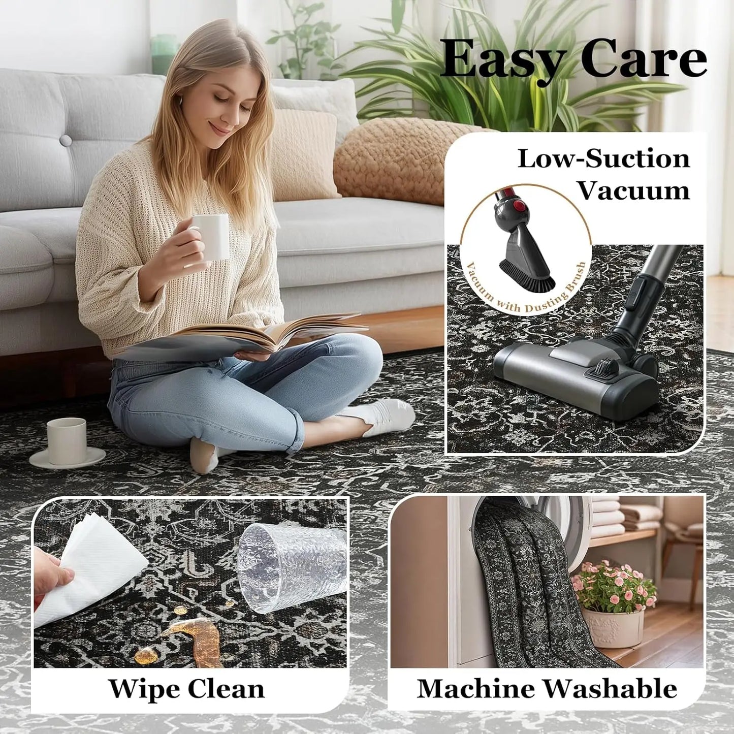 Vintage Charcoal Black Area Rug 6x9, Washable Non-Slip Low Pile Carpet for Living Room Bedroom.