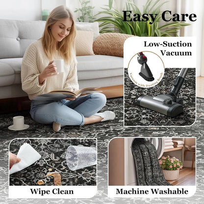 Vintage Charcoal Black Area Rug 6x9, Washable Non-Slip Low Pile Carpet for Living Room Bedroom.