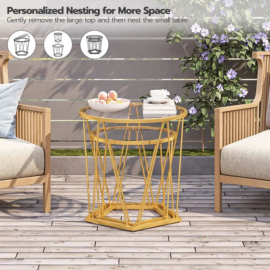 Small Coffee Table Set of 2, Round End Table with Metal Frame, Glass Tabletop, for Living Room, Bedroom.