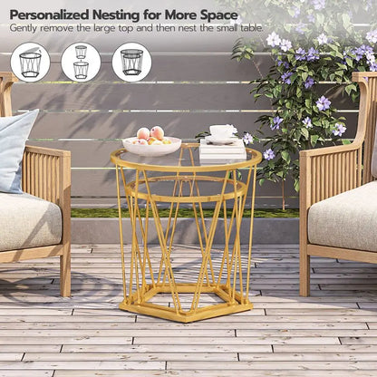Small Coffee Table Set of 2, Round End Table with Metal Frame, Glass Tabletop, for Living Room, Bedroom.