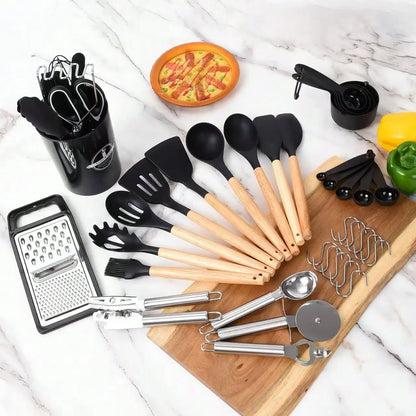 44-Piece Silicone Kitchen Utensil Set w/ Holder Black Wood Handle.