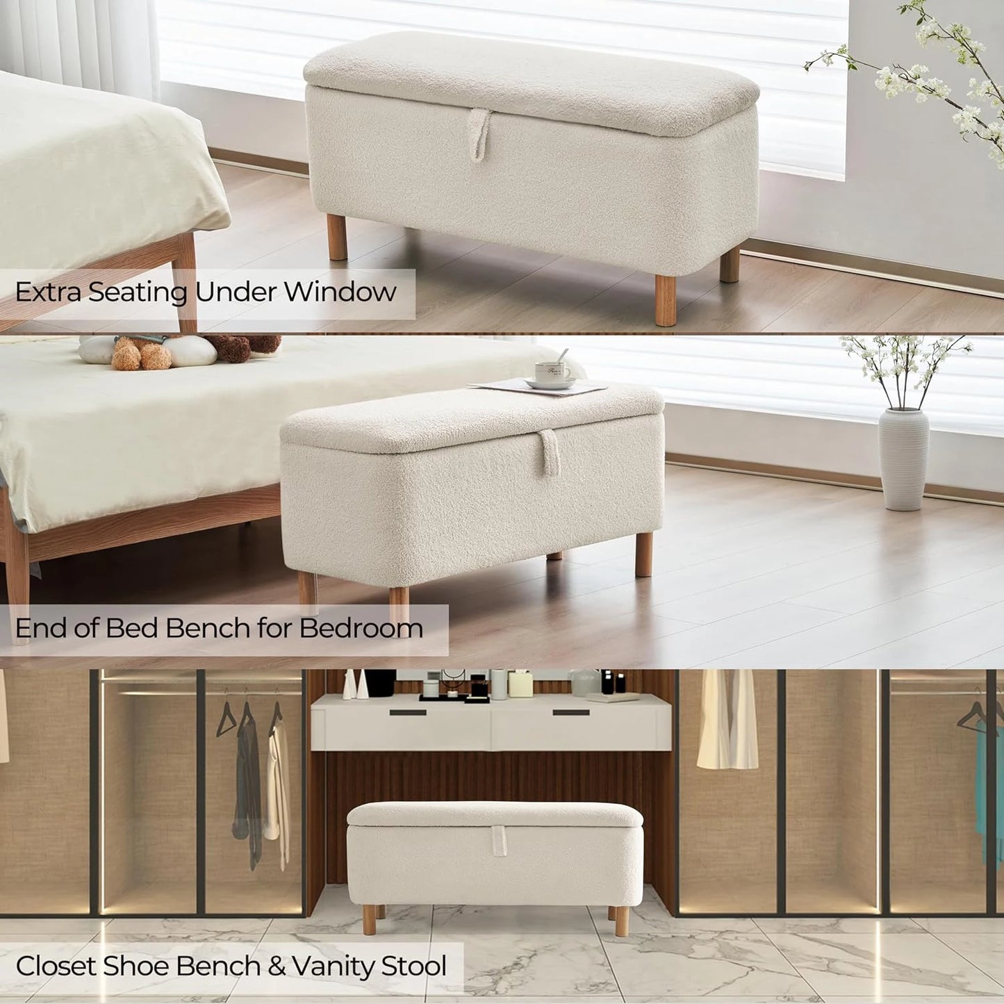 Storage Ottoman Bench for Bedroom end of Bed, Sherpa Upholstered Shoe Seat Storage.