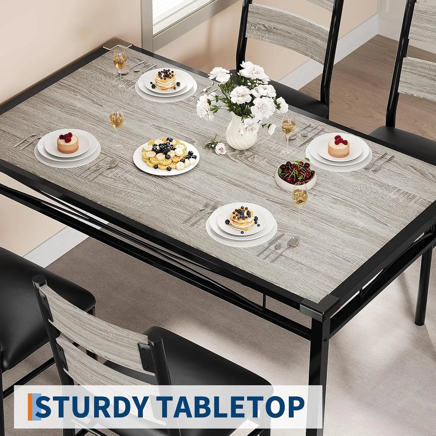 Dining Table Set for 4, Wood Table & Chairs Set of 4 with Corner Protector, Upholstered.