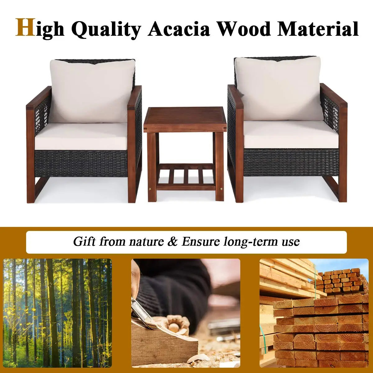 3 Pieces Patio Wicker Furniture Set, Rattan Outdoor Sofa Set w/Washable Cushion & Acacia Wood Coffee Table.