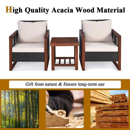 3 Pieces Patio Wicker Furniture Set, Rattan Outdoor Sofa Set w/Washable Cushion & Acacia Wood Coffee Table.