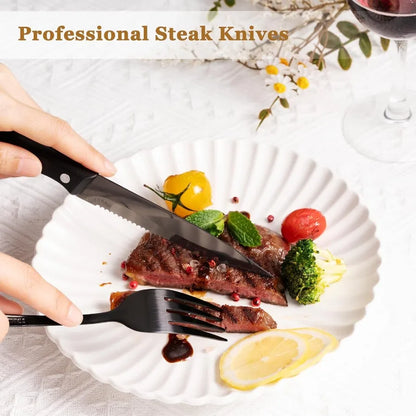 24Piece Black Silverware Set with Steak Knives, Stainless Steel Cutlery Set Mirror Polished Utensils.