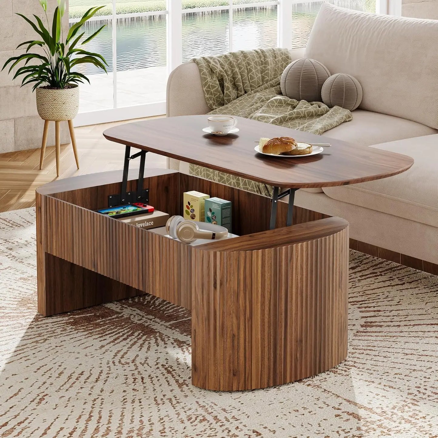 47-Inch Oval Lift Top Coffee Table with Storage Shelf for Living Room, Rustic Lift Up Tabletop.