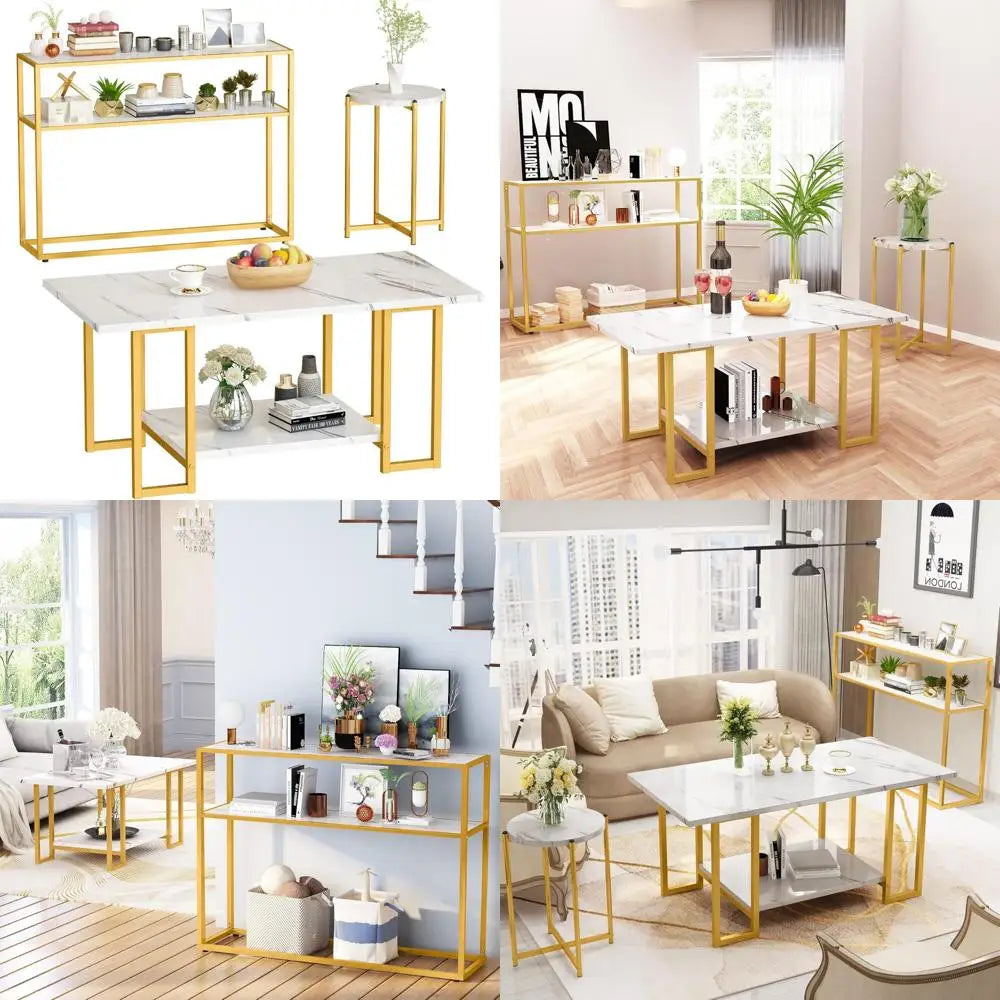 Faux Marble White Coffee Table Set with 3-Tier End Table and Console Tables, for Living Room