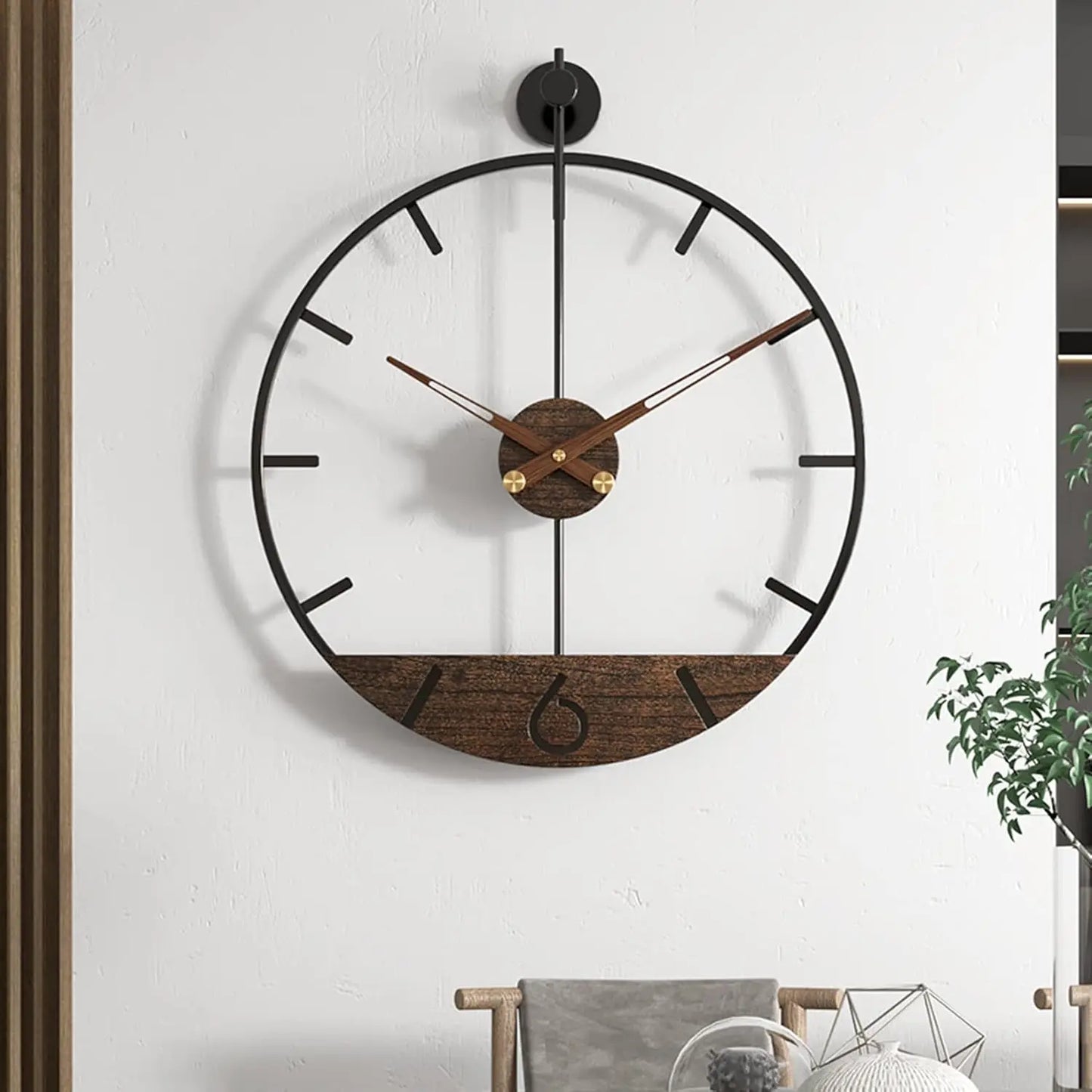 Modern Wood Walnut Dial Wall Clock, Large Simple Wall Decor Metal Frame Silent Non-Ticking Clock.