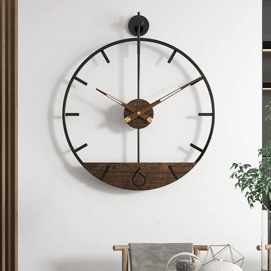 Modern Wood Walnut Dial Wall Clock, Large Simple Wall Decor Metal Frame Silent Non-Ticking Clock.