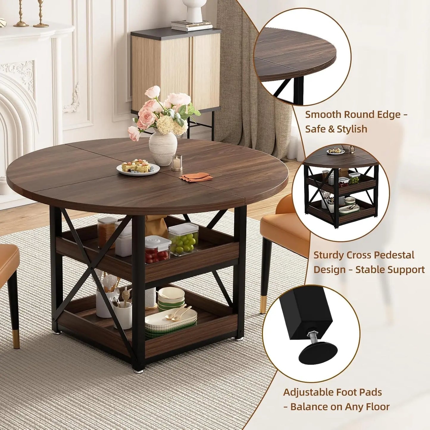 5-Piece Round Dining Table Set with Storage, with 4 PU Leather Chairs, Space Saving.