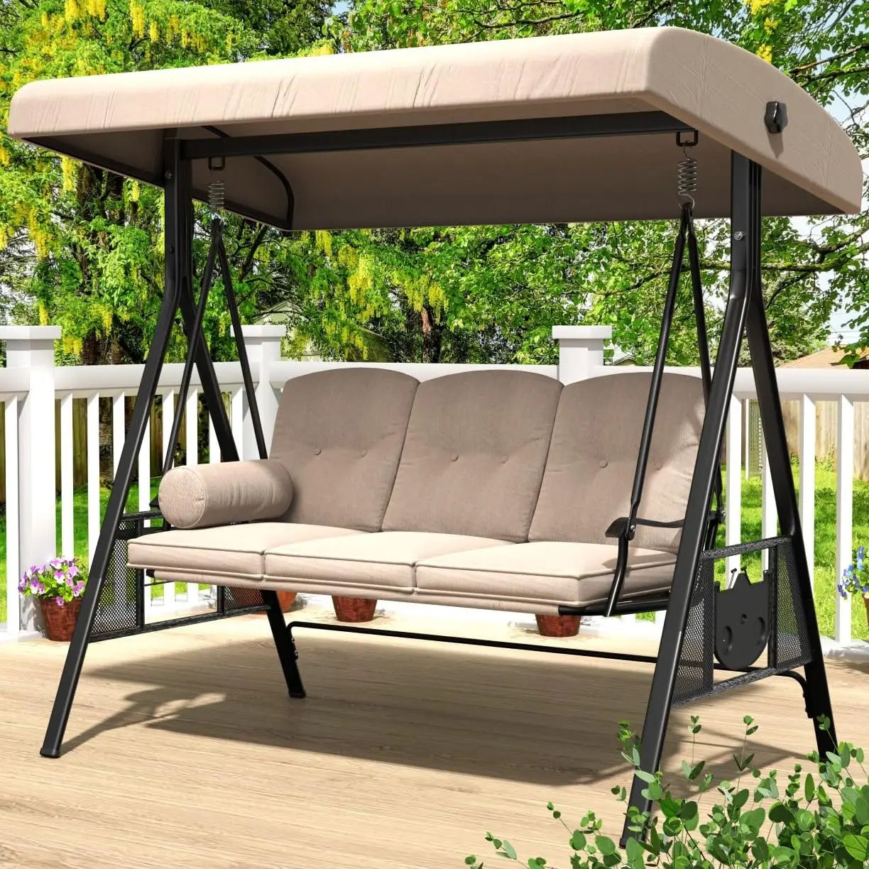 3-Seat Outdoor Porch Swing with Adjustable Canopy Removable, Adult Outdoor Swings for Porch.