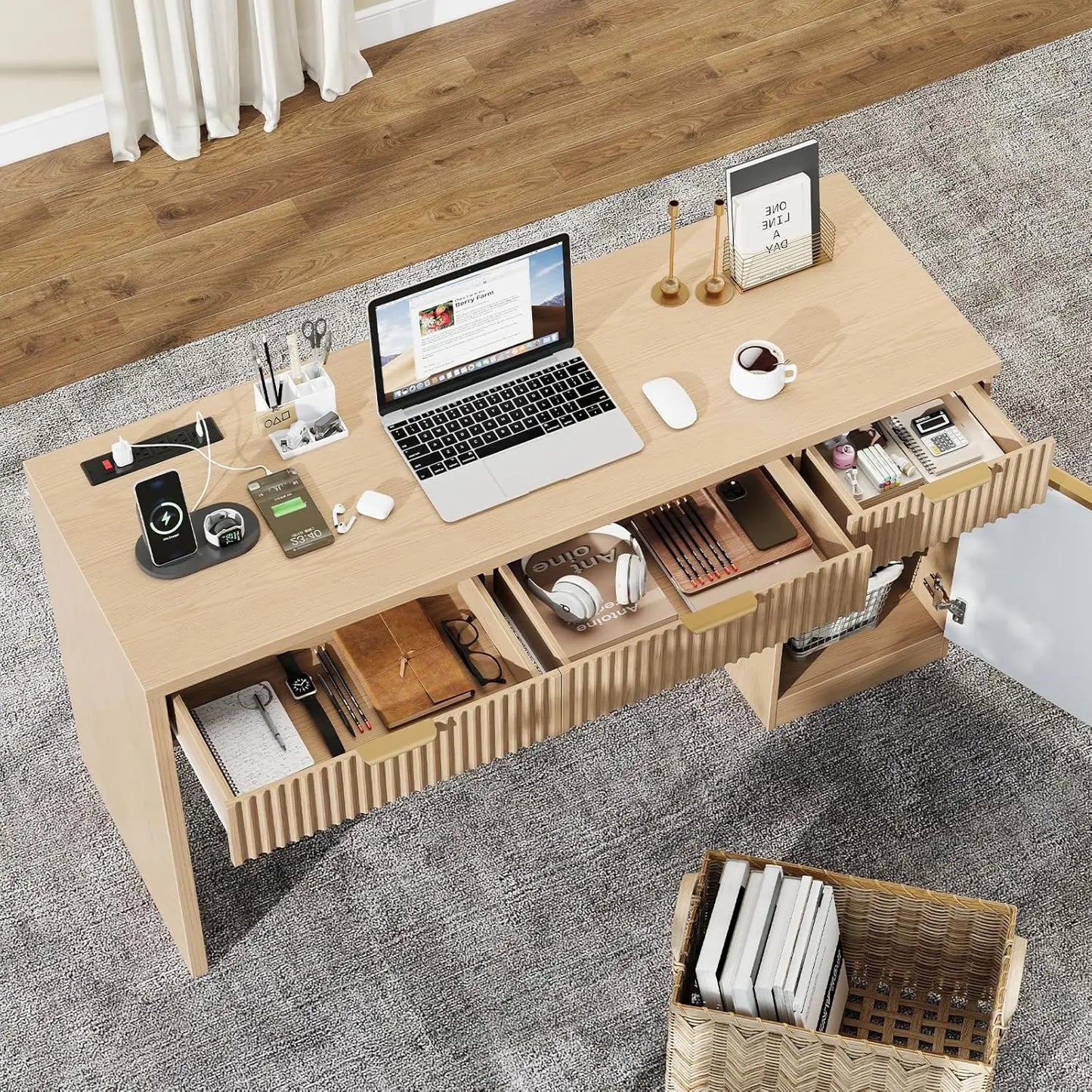60" Executive Desk with Fluted Drawers, Wood Home Office Desk with Storage Cabinet, Charging Station.