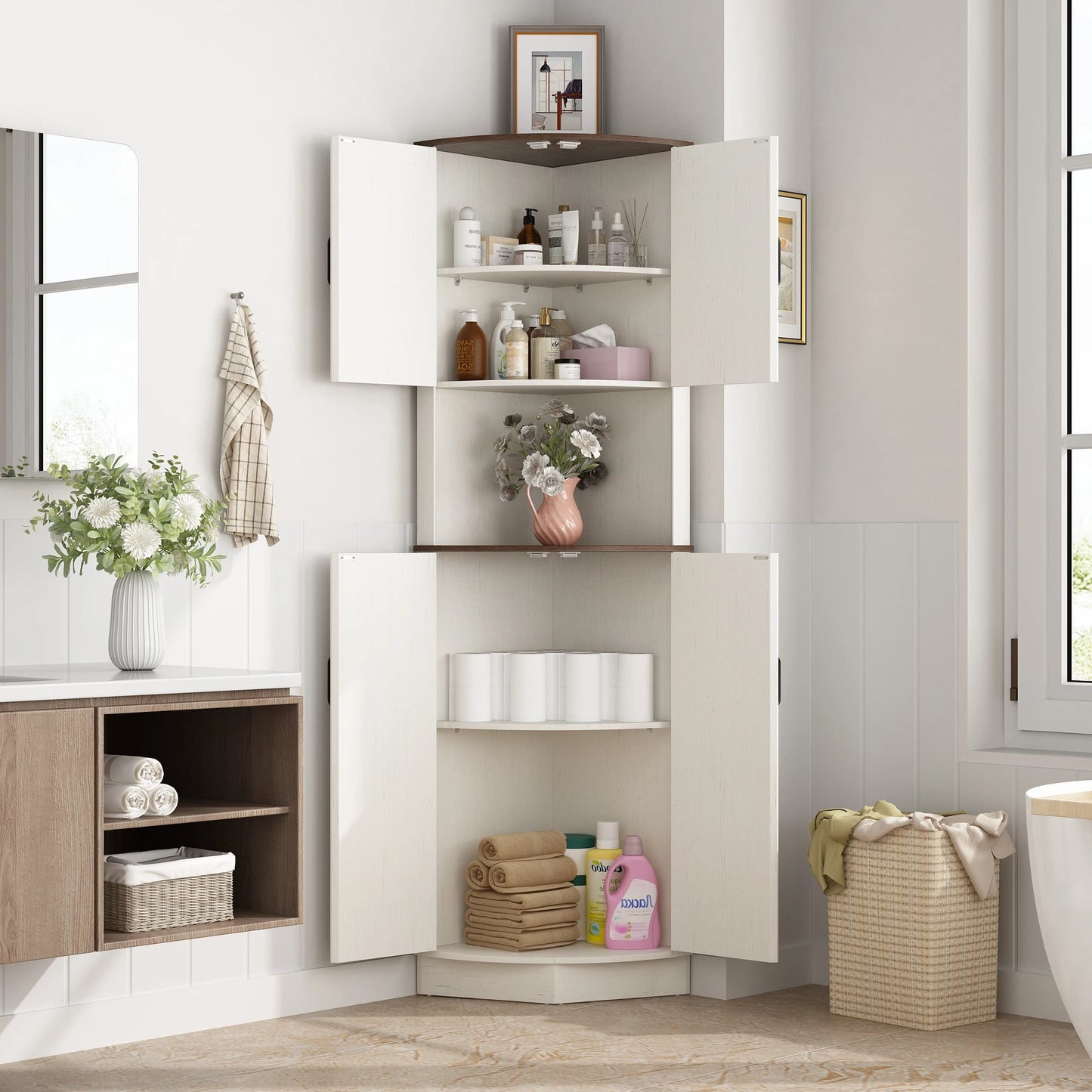 Bathroom Storage Tall Cabinet, 67" Corner Storage Cabinet with Barn Doors and Adjustable Shelf.
