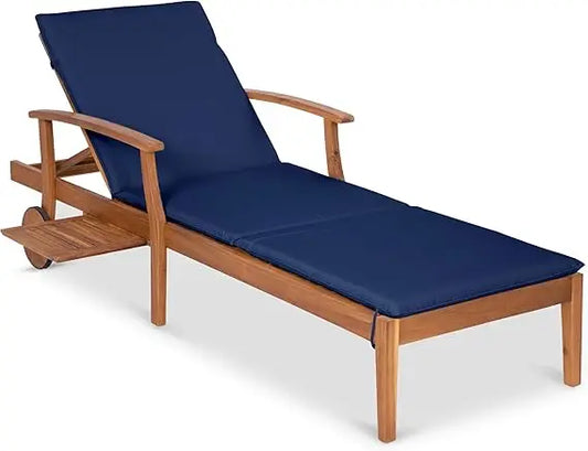 Acacia Wood Chaise Lounge Chair Recliner, Outdoor Furniture for Patio, Poolside w/Slide-Out Side Table.