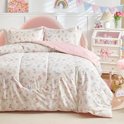 3pcs Cotton Comforter Set for Girls, Pink Floral Design, Twin Size Soft n Cozy Bedding Comforter Set.