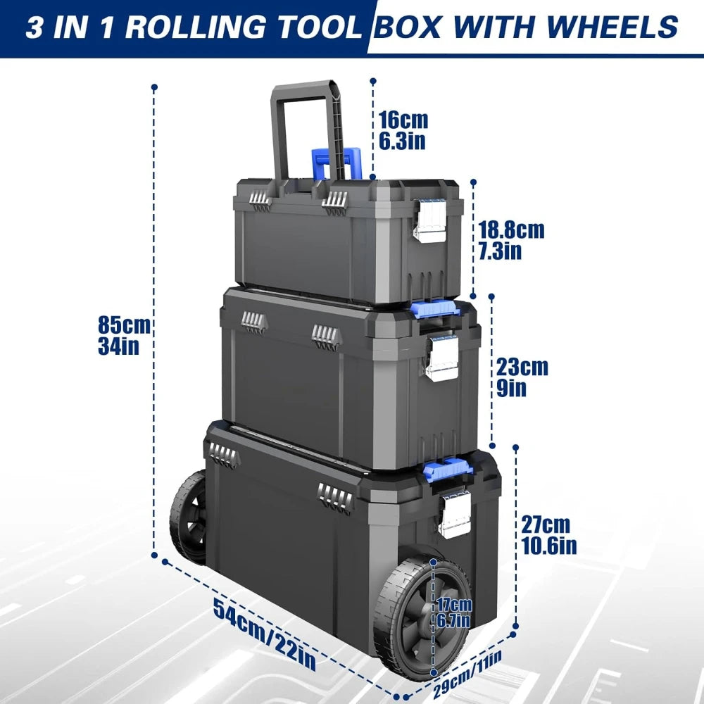 3 in 1 Rolling Toolbox with Wheels, 17/19/21 Inch for Garage Storage.