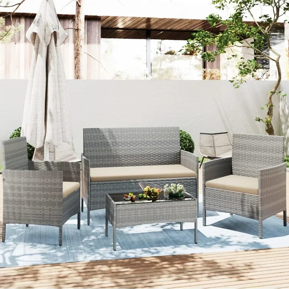 patio furniture 4 pieces conversation set outdoor wicker rattan chairs & Table.