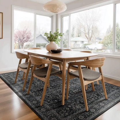 Vintage Charcoal Black Area Rug 6x9, Washable Non-Slip Low Pile Carpet for Living Room Bedroom.