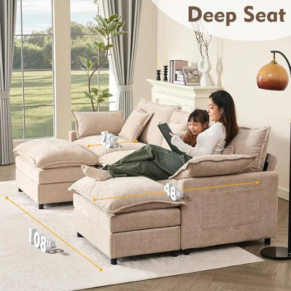 Modern 3-Piece Sofa Set with Mobile Ottoman, Suitable for Living Room, Velvet, White.