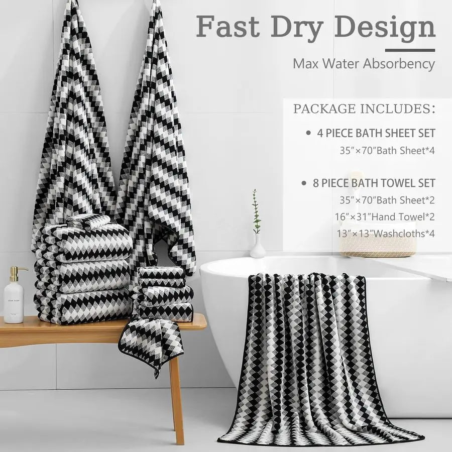 Bathroom Towel Set Black White2 Oversized Large Bath Towels Sheet,2 Hand Towels,4 Washcloths, Soft Towel Set.