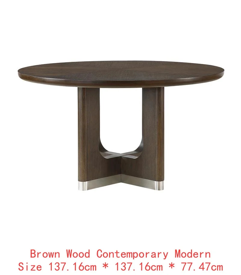Modern Brown Finish 7-Piece Dining Set with Round Table and 6 Beige Upholstered Side Chairs.